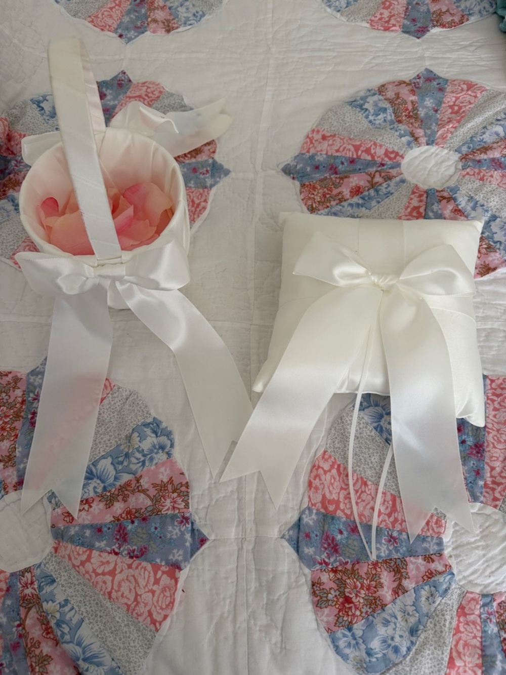 Whire Satin Flower Girl Basket and Ring Bearer Pillow Set